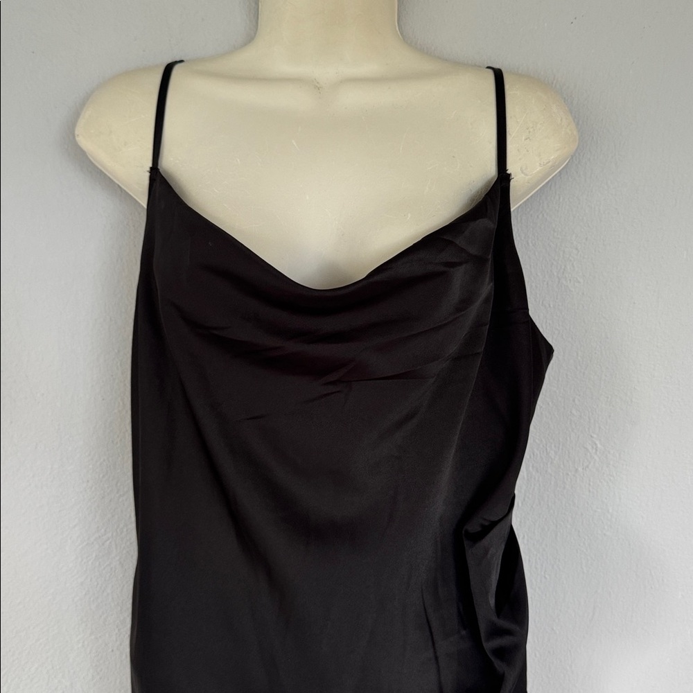 Lulus black satin spaghetti strap cowl neck midi length wrap slit dress XL - Picture 3 of 11